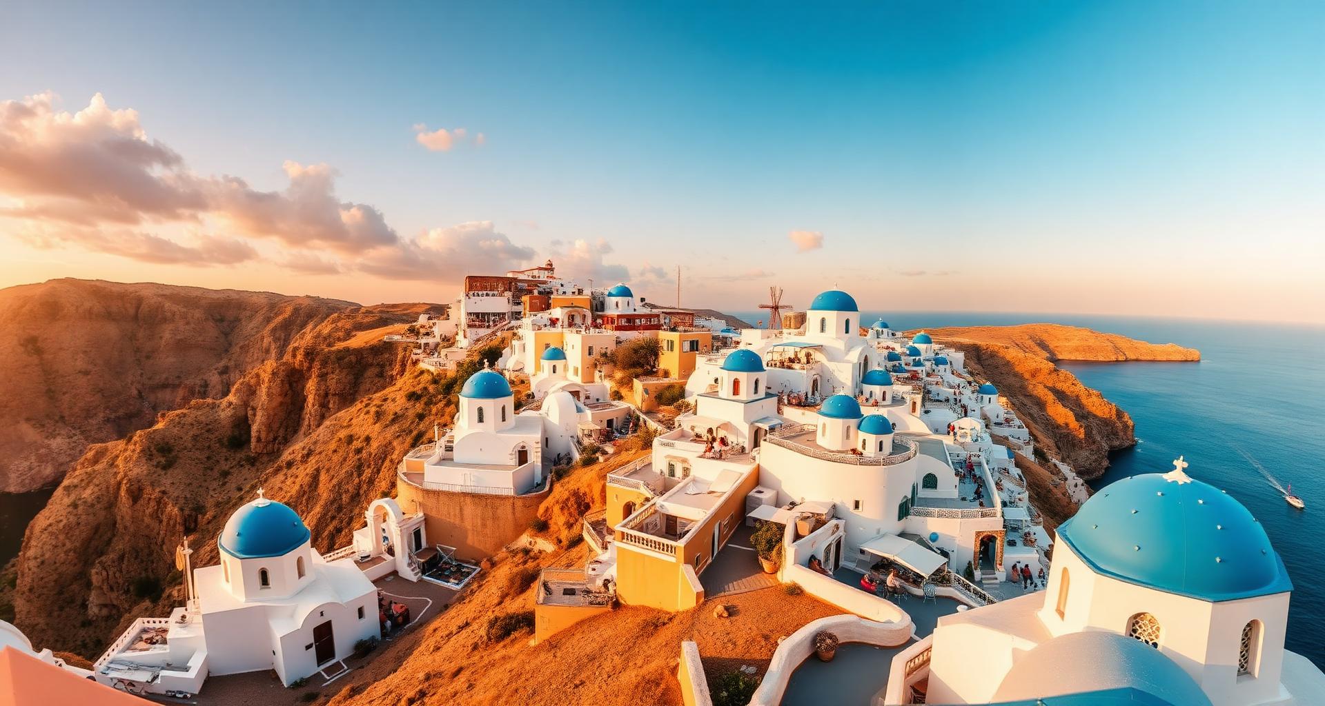 Whitewashed village with blue domes above a turquoise sea at golden hour