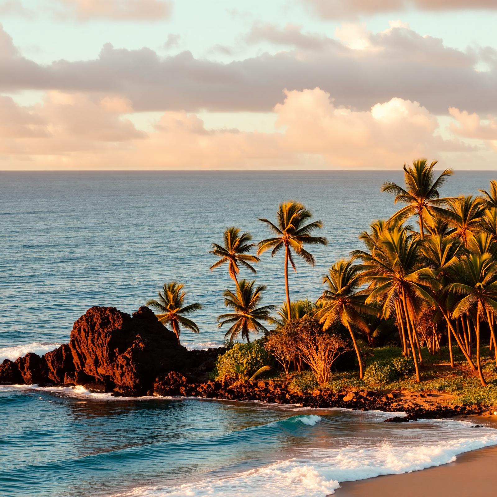 Placeholder photograph: a volcanic Hawaiian coastline at golden hour, replace with your own image