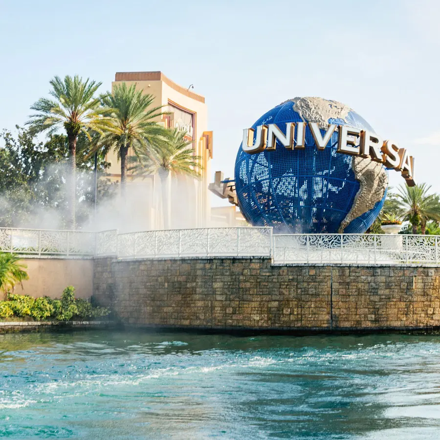 The Universal globe at Universal Orlando on a bright morning