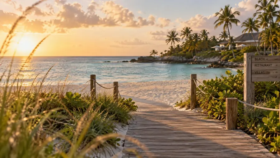 A wooden boardwalk leads over white sand to calm turquoise water at sunset