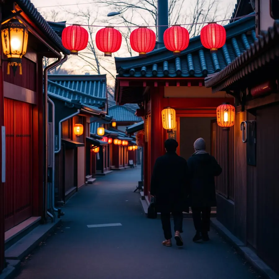 Placeholder photograph: a lantern lit lane in Kyoto at dusk, replace with your own image