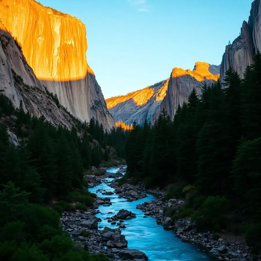 Placeholder photograph: a granite valley with a river at golden hour, replace with your own image