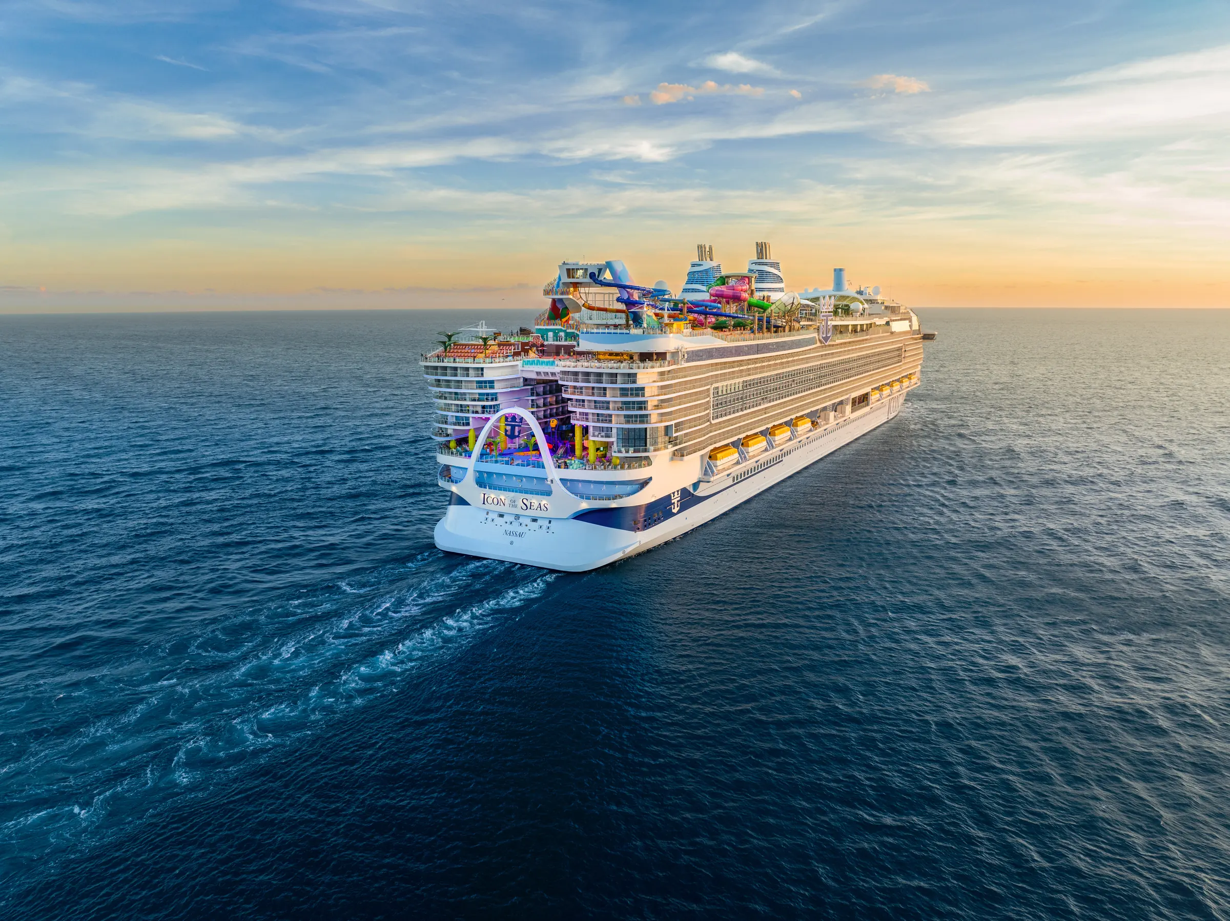 Aerial view of a cruise ship sailing open water